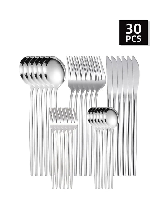 Juego de cubiertos de acero inoxidable de 30 piezas, cuchillo para carne, tenedor para fruta, juego de cuchara de postre