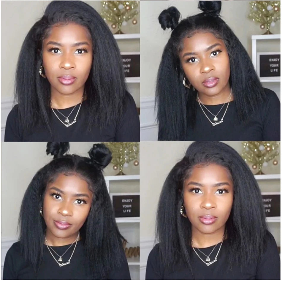 Glueless Kinky Straight Short Bob Virgin Human Hair Wig 13x4 Frontal HD Transparent Lace Peruvian Remy Soft Yaki Wear And Go Wig
