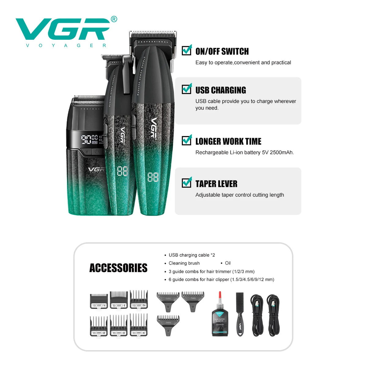 VGR Professional Hair Trimmer 9000 RPM Cordless Hair Clipper Rechargeable Hair Trimmer Metal Trim