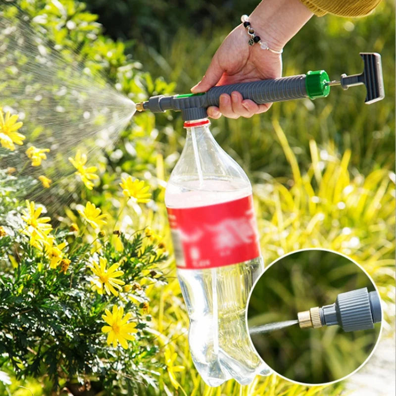 Riego, rociador de alta presión de agua, pistola de jardín de flores, cabezal rociador, interfaz de botellas de jugo, rociador de carro de plástico