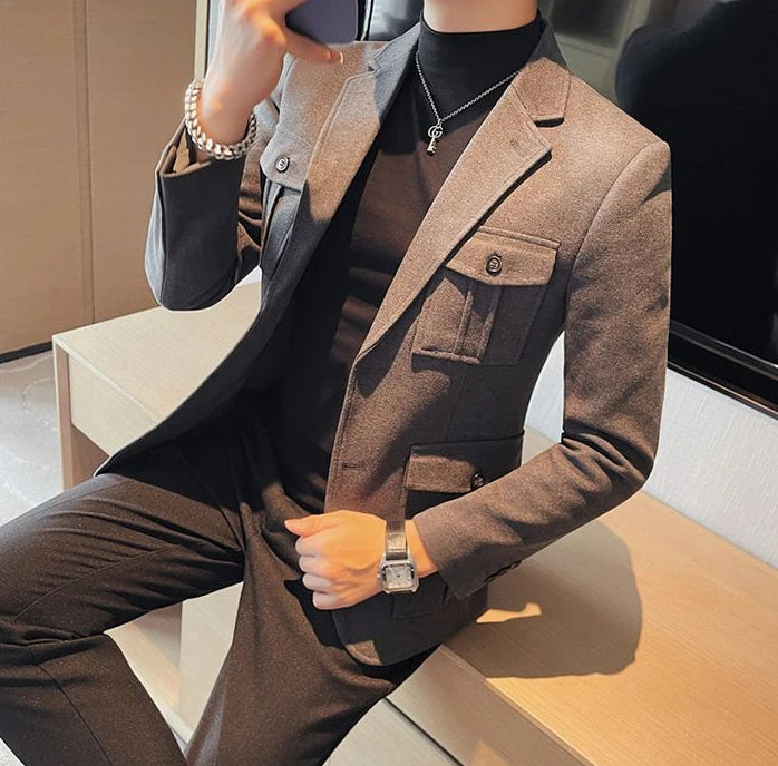 Chaqueta de traje de tweed para hombre, blazer de un solo pecho, gris, moda 2024, abrigo de diseñador de lujo para hombre, ropa de estilo coreano informal