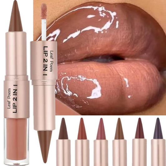 2IN1 Tapered Gradient Lipliner Pen Nude Brown Mirror Glass Lip Gloss Matte Lip Liner Waterproof Lip Contour Non-Stick Makeup