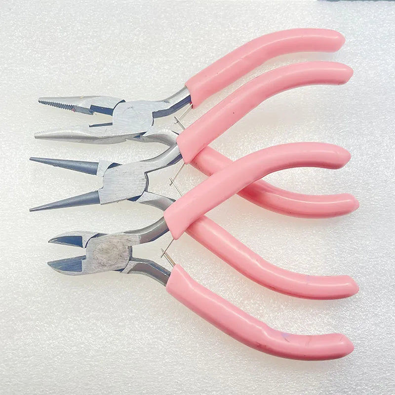 Alicates cóncavos redondos de una sola sección de níquel-hierro con mango rosa, herramienta para hacer herrajes de joyería hechos a mano, punta afilada, diagonal, portátil