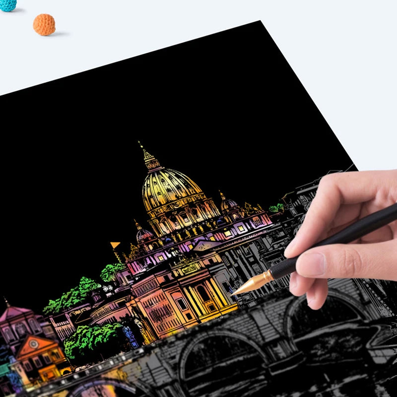 2 Sheets Scratch Paper Art Kit DIY Craft World Landmarks Animals City Scene Stylus Drawing Toy Adult Stress Relief Creative Gift