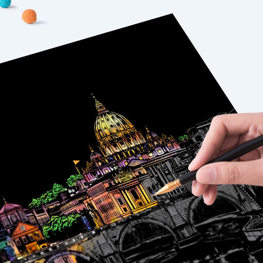 2 Sheets Scratch Paper Art Kit DIY Craft World Landmarks Animals City Scene Stylus Drawing Toy Adult Stress Relief Creative Gift