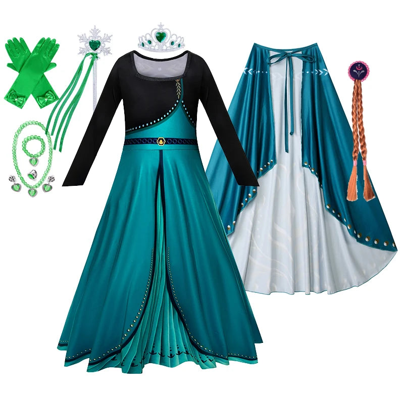 Girls Party Elegant Dresses Anna Princess Girl Cosplay Costume Dark Green Dress With Cloak Carnival Party Kids Birthday Clothes
