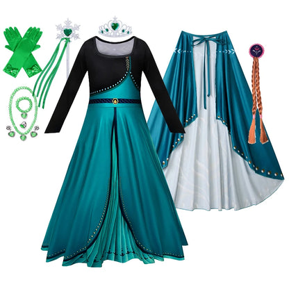 Girls Party Elegant Dresses Anna Princess Girl Cosplay Costume Dark Green Dress With Cloak Carnival Party Kids Birthday Clothes