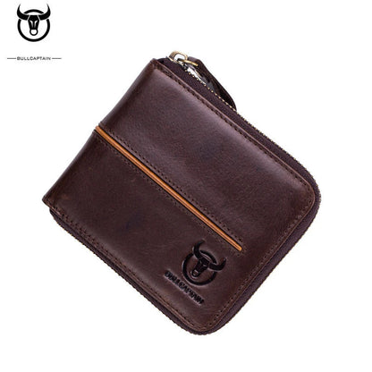 Bullcaptain Genuine Leather Men Short Wallet Casual Men's Coin Purse Vintage Male Zipper Card Holder Luxury Money Bags JYB022