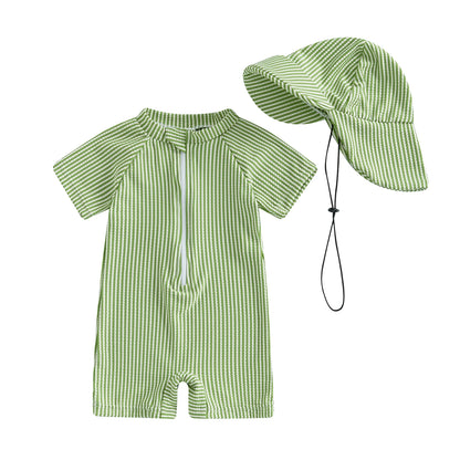 MISOWMNJOY Baby Girl Boy Swimsuit Summer New Stripe Print Kids Beachwear Short Sleeve Half Zipper Rash Guard Swimwear Sunhat Set