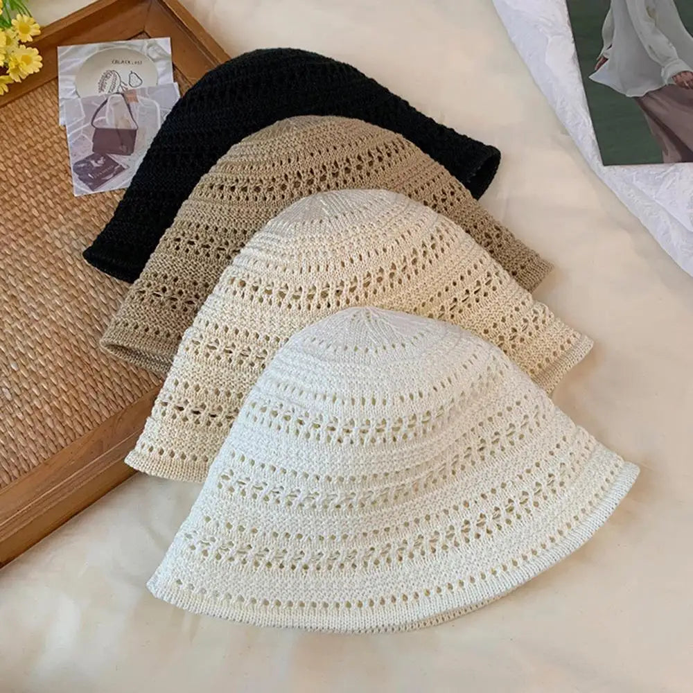 Hollow Out Crochet Sun Hat Wide Brim Bucket Hat Knitted Fisherman Hat Foldable Visor Small Fresh Simple Outdoor Casual Beach Cap