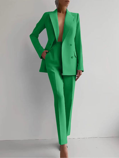 Conjunto de 2 piezas de ropa para mujer, chaqueta blazer de manga larga de color liso, pantalones largos de cintura alta, traje de verano, moda de oficina