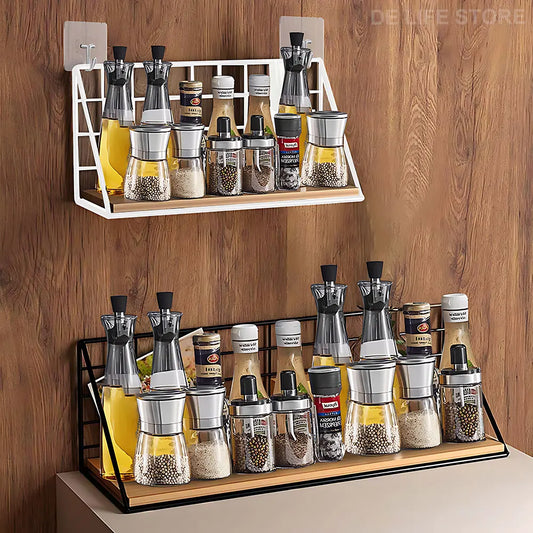 Spice Rack For Kitchen Hanging Wooden Spice Jar Storage Shelf Wall Kitchen Organizer Seasoning Holder Kitchen Accessories