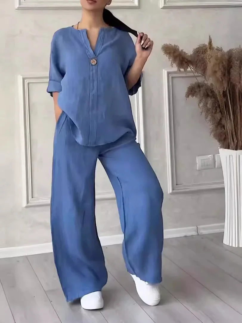 Cotton Linen Sets Two 2 Pieces Sale Casual Long Sleeve Button Loose Blouse Shirt & High Elastic Wide Leg Loose Pant Suits NMD-3021