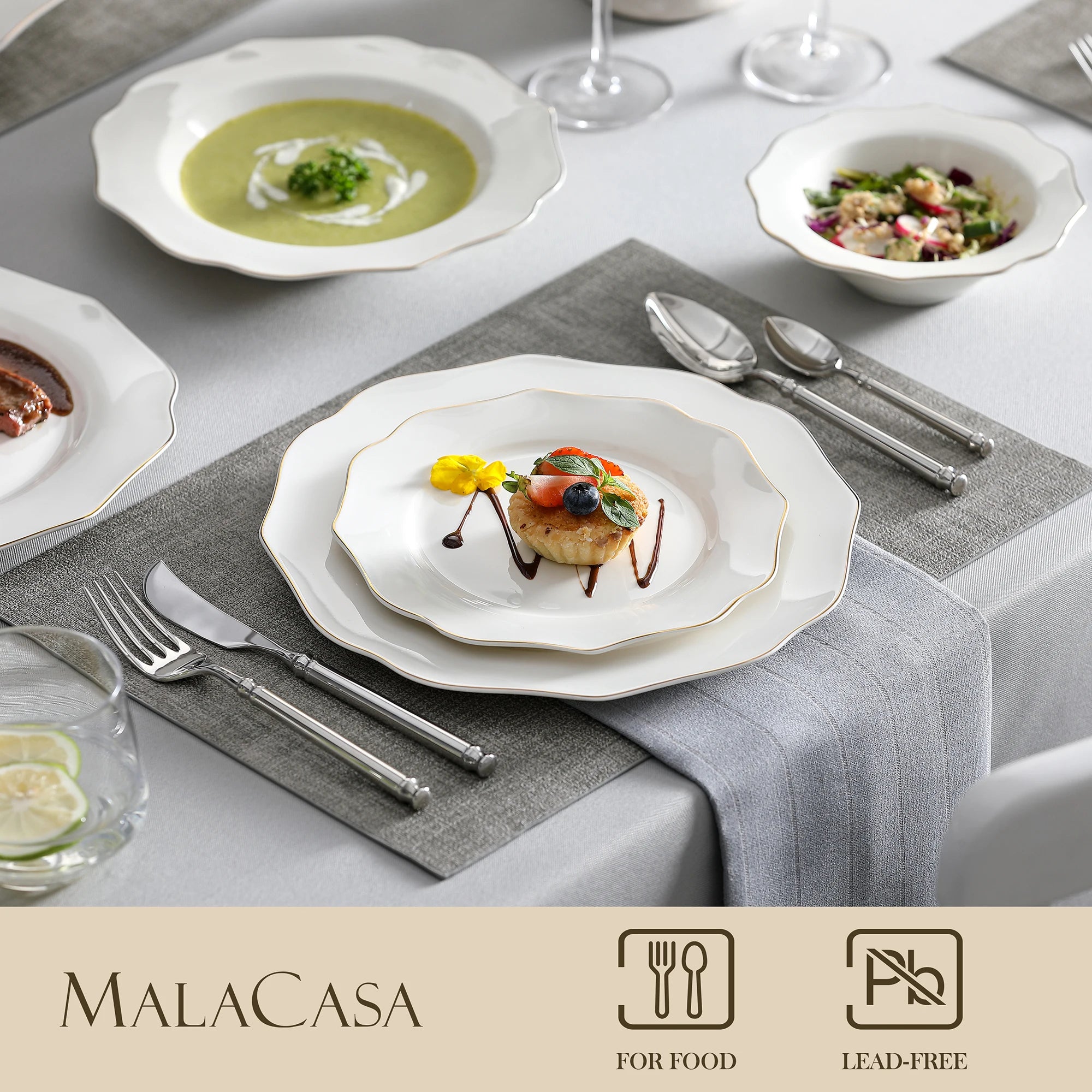 MALACASA LOTUS 16/32-Piece Nordic European White Porcelain Tableware Set with Bowl, Dinner, Dessert & Soup Plate Set for 4/8