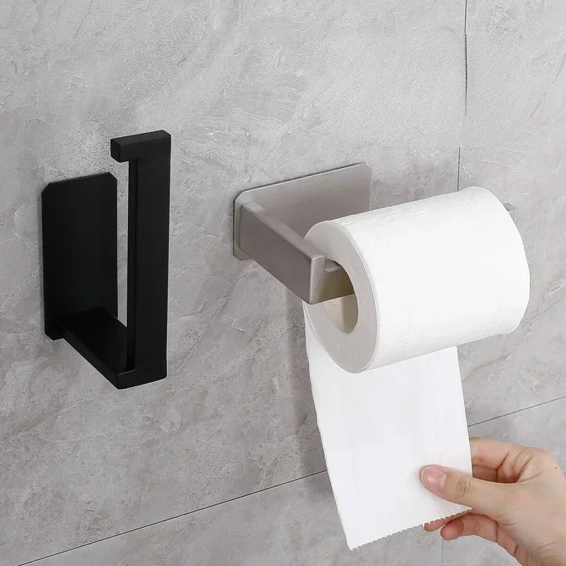 Portarrollos de papel higiénico autoadhesivo de acero inoxidable para baño, acabado negro, fácil instalación con tornillo