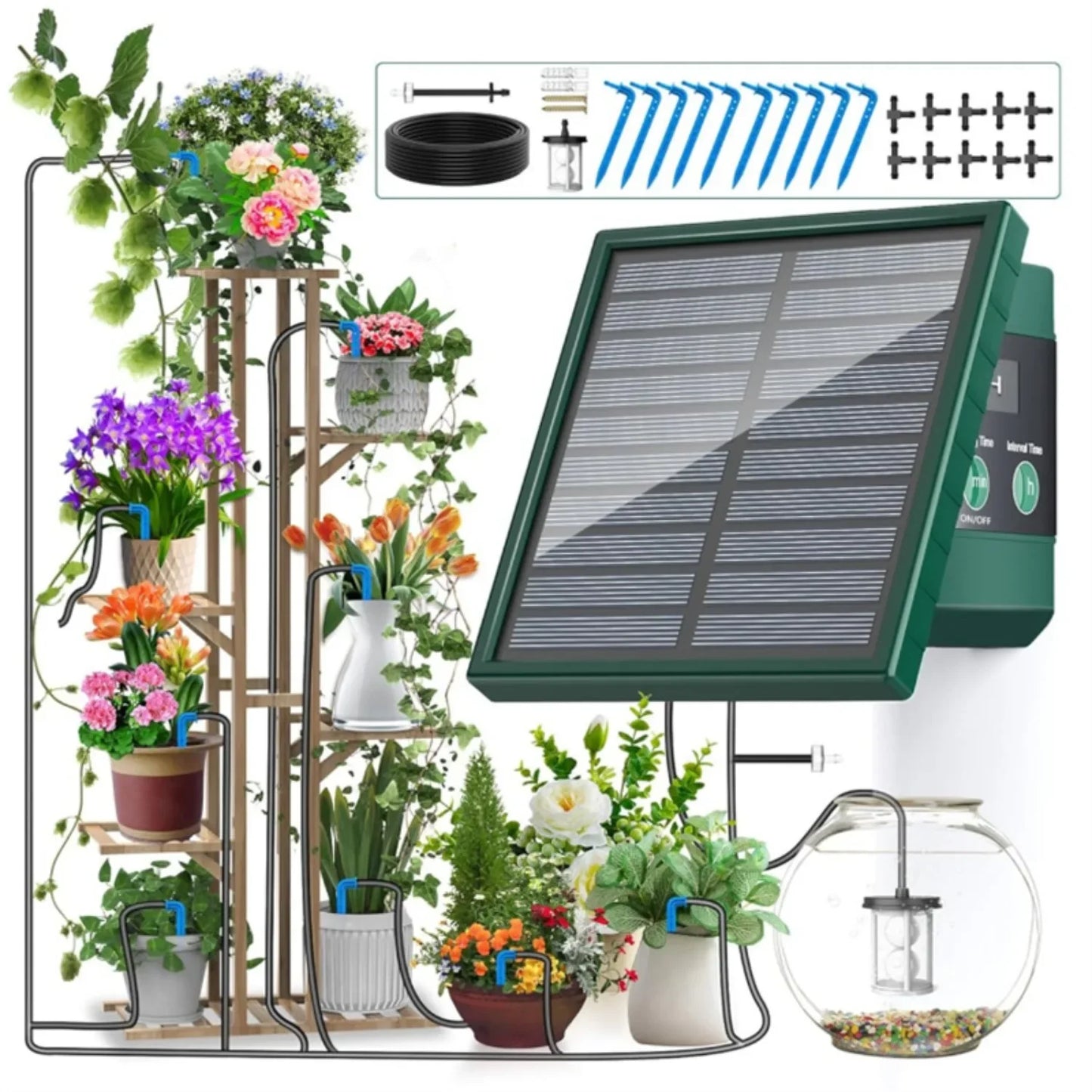 Sistema de riego solar para jardín y balcón. Sistema de riego automático por goteo. Sistema de riego de jardín DIY. Riego por goteo con manguera.