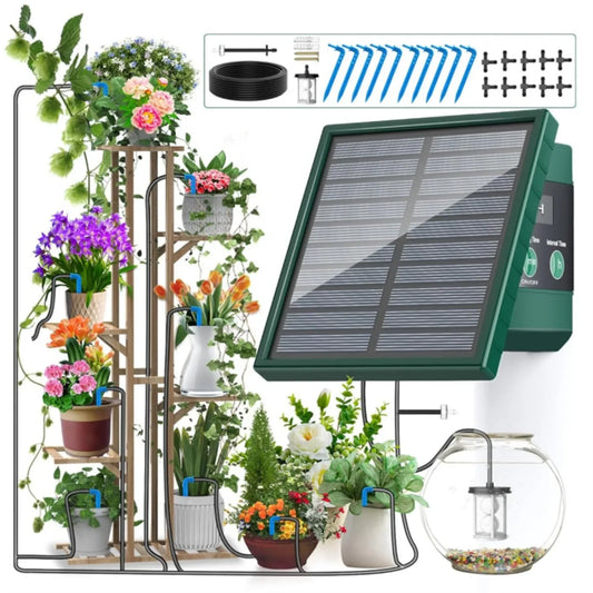 Sistema de riego solar para jardín y balcón. Sistema de riego automático por goteo. Sistema de riego de jardín DIY. Riego por goteo con manguera.