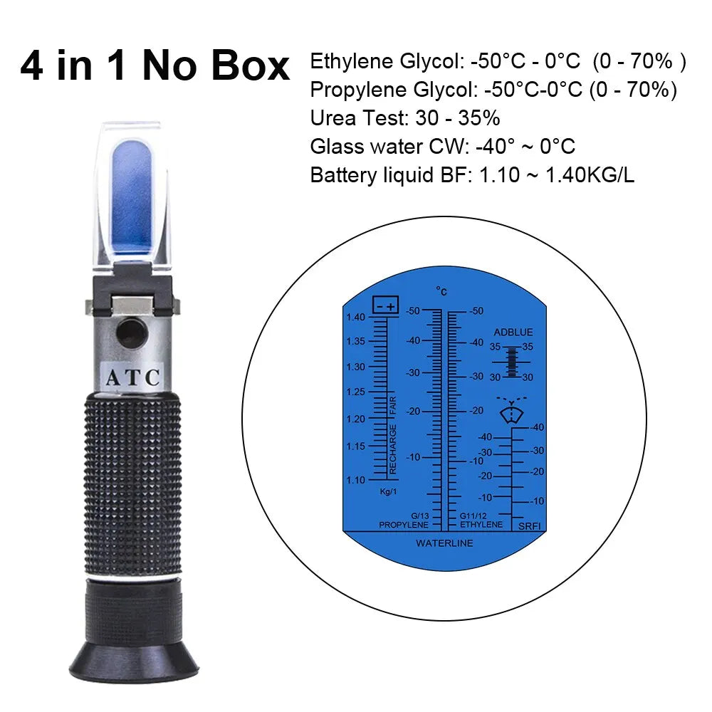 Refractómetro ATC, punto de congelación de anticongelante, comprobador de refrigerante, concentración de AdBlue, etilenglicol, refractómetro para baterías de coche