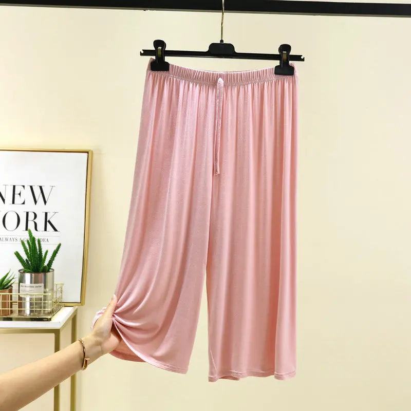 Plus size L to 6XL U-Neck Women's  Modal pant calf-length summer wide leg pants drawstring short pants casual homewear pants