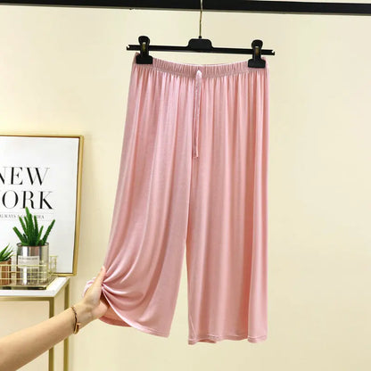 Plus size L to 6XL U-Neck Women's  Modal pant calf-length summer wide leg pants drawstring short pants casual homewear pants