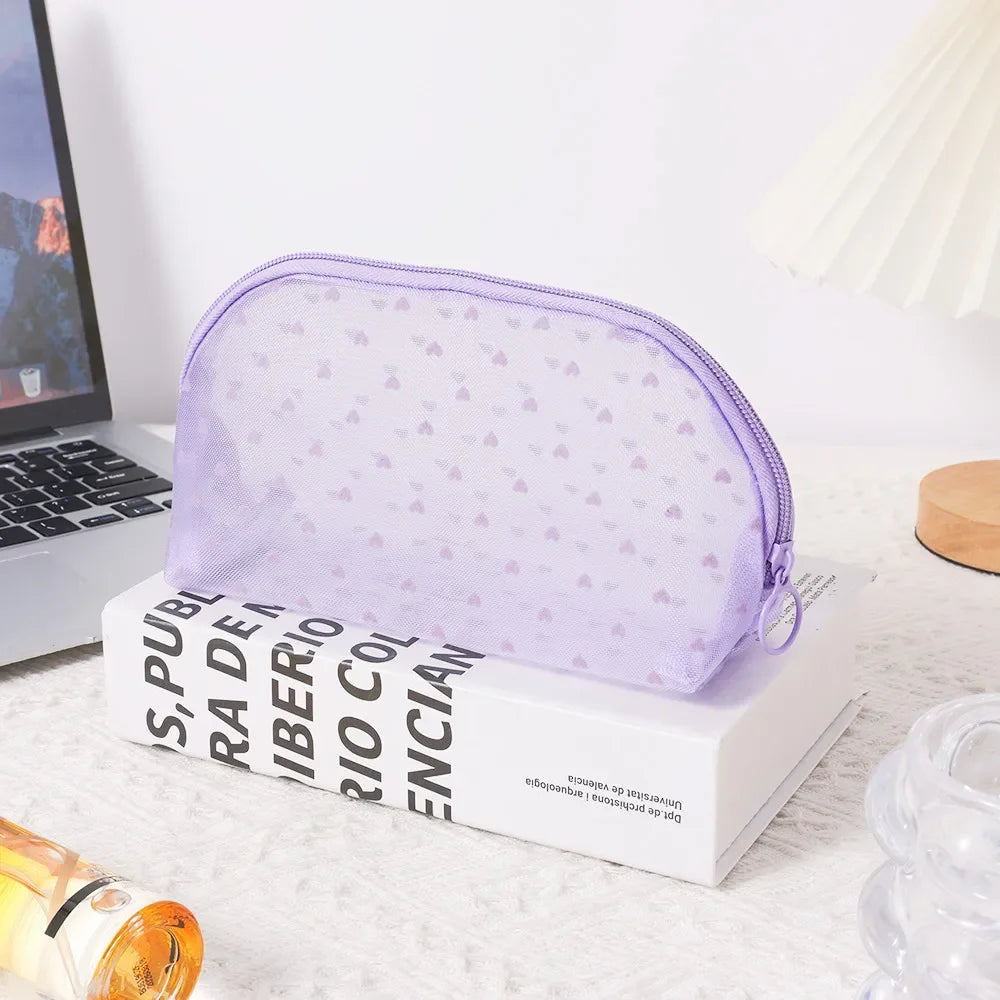 Heart-Shaped Nylon Mesh Cosmetic Bag Portable Toiletry Organizer for Women Makeup Storage