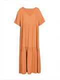 Plus Size 2025 Summer New V-neck Short Sleeve Pleated Solid Colour Loose Casual Midi Dress Basic Hem Pleated