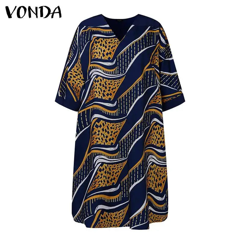 Plus Size 5XL Women Dress 2024 VONDA Summer V Neck Party Sundress Sexy Half Sleeve Bohemian Printed Dress Vestidos Loose Robe