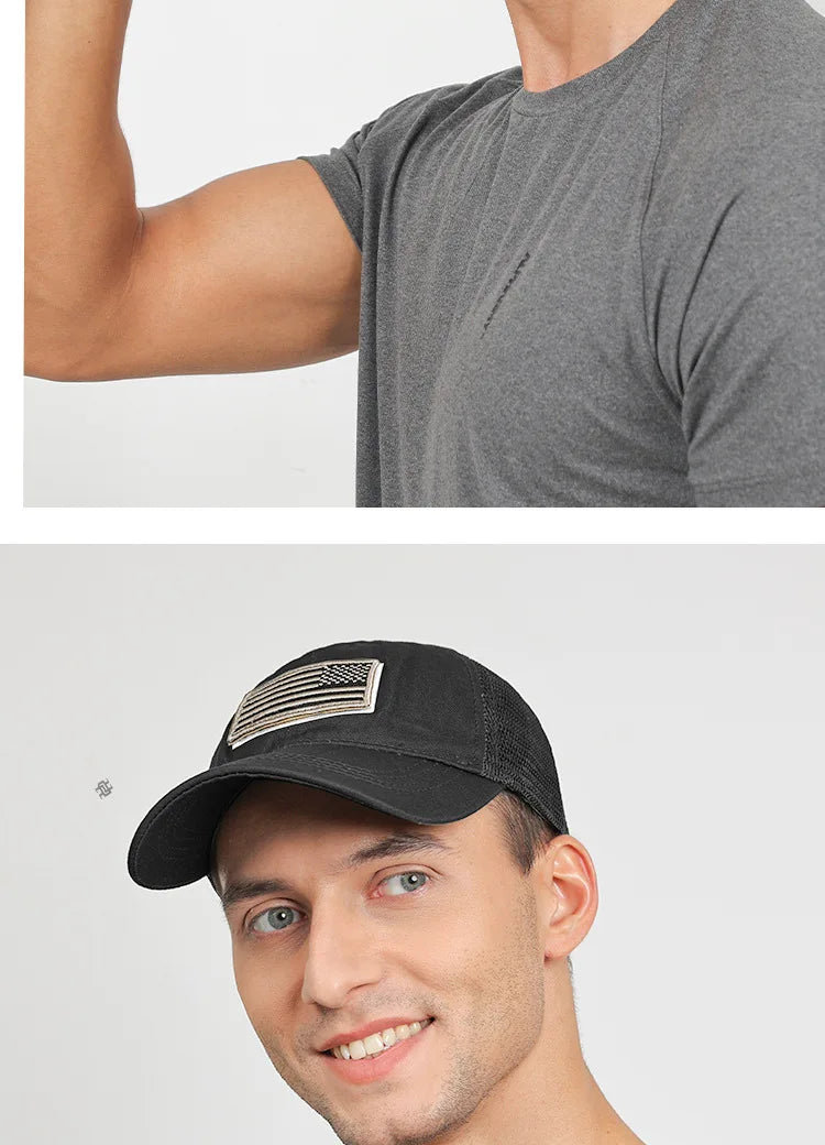 Black Mesh - Backed Baseball Cap with American Flag Patch - Stylish and Patriotic Accessory