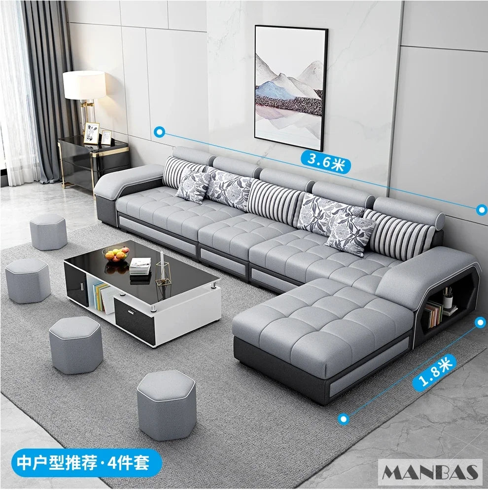 Linlamim Fabric Sofa Set Furniture Living Room Sofa Set with USB and Stools / Big U Shape Cloth Couch Sofas for Home Furniture