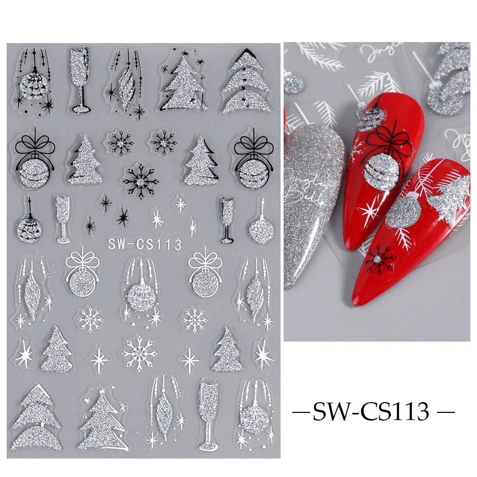 5D Red Christmas Nail Stickers Glitter Embossed Snowflake Gloves Feather Bulb Bells Winter Xmas DIY Engraved Manicure Decoration