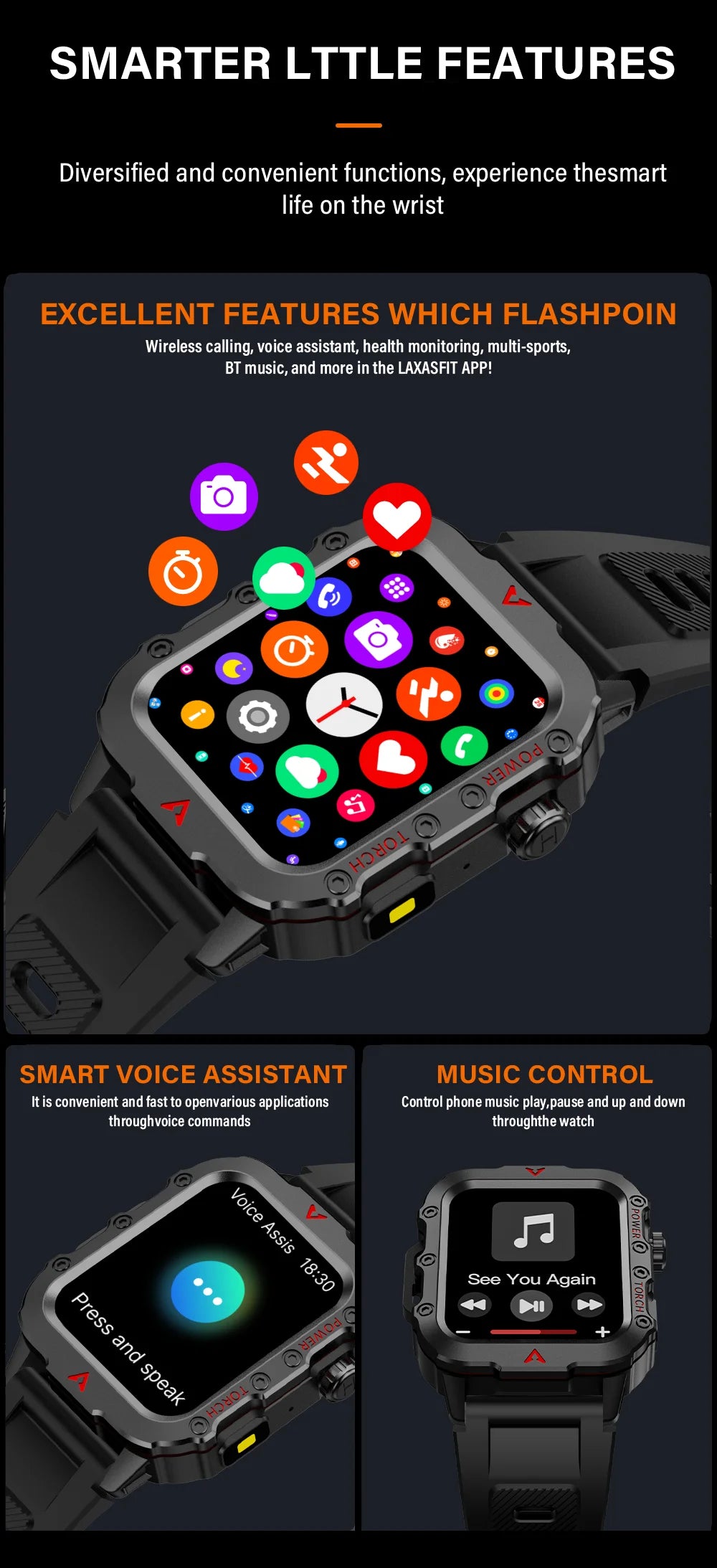 LAXASFIT Smart Sports Watch LED Flashlight Music Player Fitness Tracking Bluetooth Calling Sleep Monitoring 2025 New Smart Watch