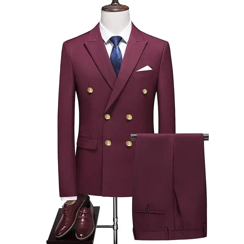 2023 Fashion New Men's Casual Boutique Double-Breasted Solid Color Suit 2 Piece Set Dress Blazers Jacket Pants Trousers Two Pcs