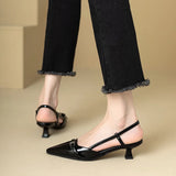 2024 New Summer French Wine Red Pointed Patent Leather Mid-Heel Overhead Sandals for Women Retro Skinny Heel Open-Back Shoes