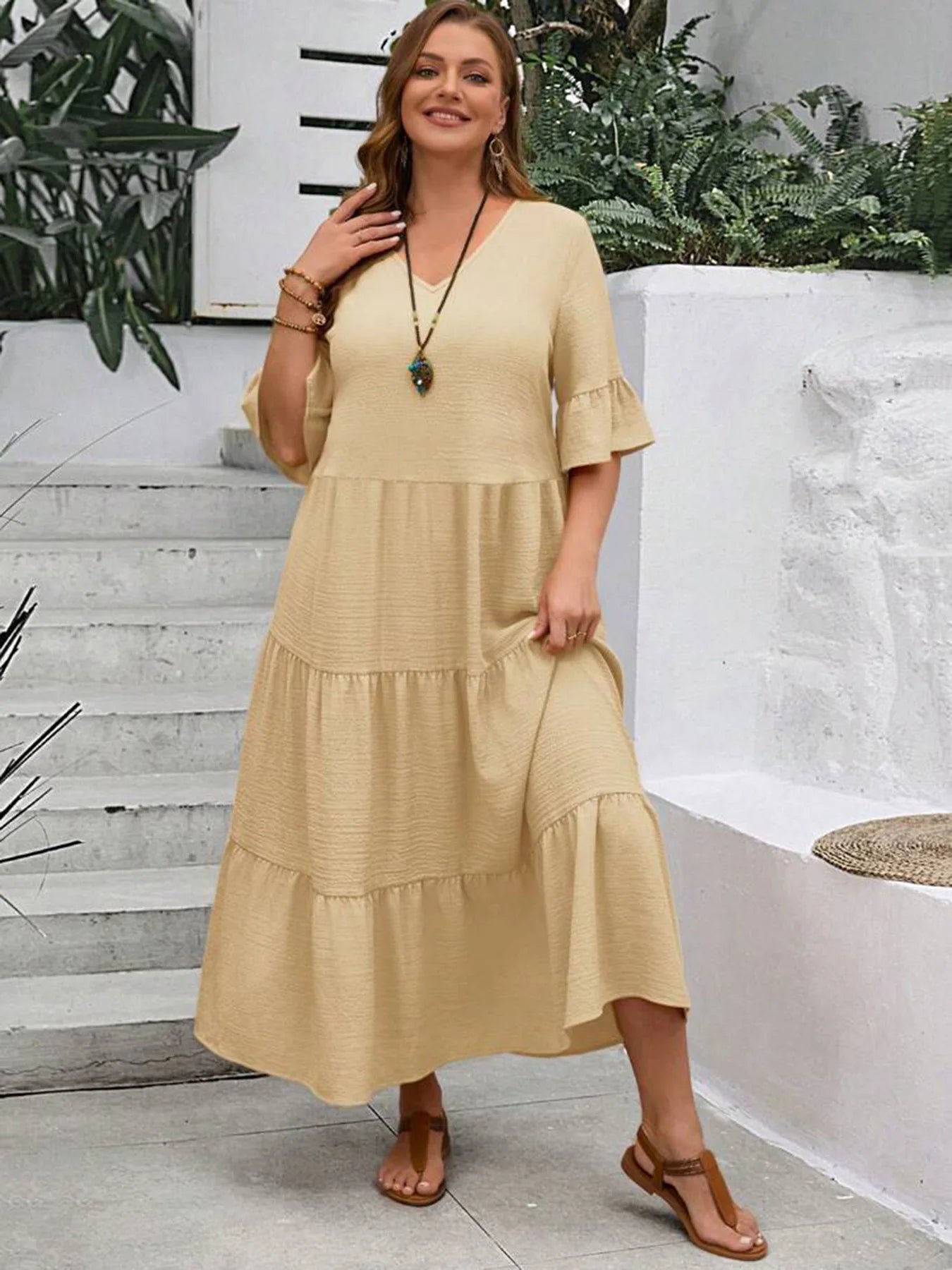 Multi Color v-Neck longo Swing Dress, Plus Size, Multi Color, Plus Size, Amazon, Europa e América, Novo, Primavera e Verão, 2022