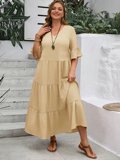 Multi Color v-Neck longo Swing Dress, Plus Size, Multi Color, Plus Size, Amazon, Europa e América, Novo, Primavera e Verão, 2022