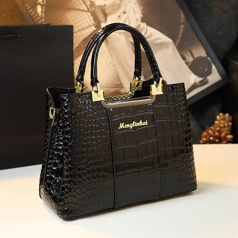 2023 New Luxury Crocodile Bag for Women Casual Tote High Qualtiy Patent Leather Shoulder Purses Elegant Dinner Noble Purse Black