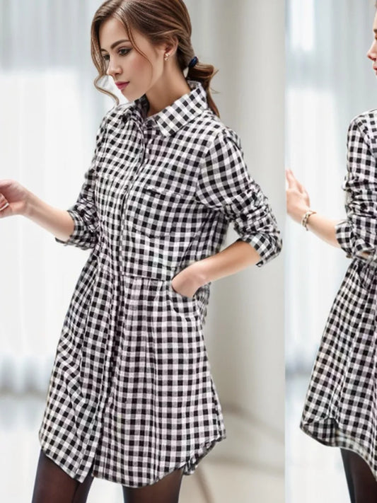 Blusas coreanas de talla grande, nuevas, de moda, con botones a cuadros, lisas, para otoño, blusa holgada de manga larga con cuello polo para mujer.