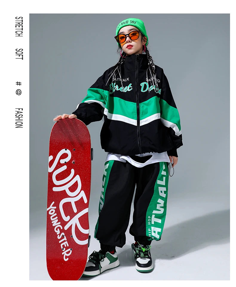 Hip Hop Girls Contrast Bomber Jacket Sport Pants Boys Street Dance Coat Streetwear Kids Jazz Clothes Set Children School Uniform