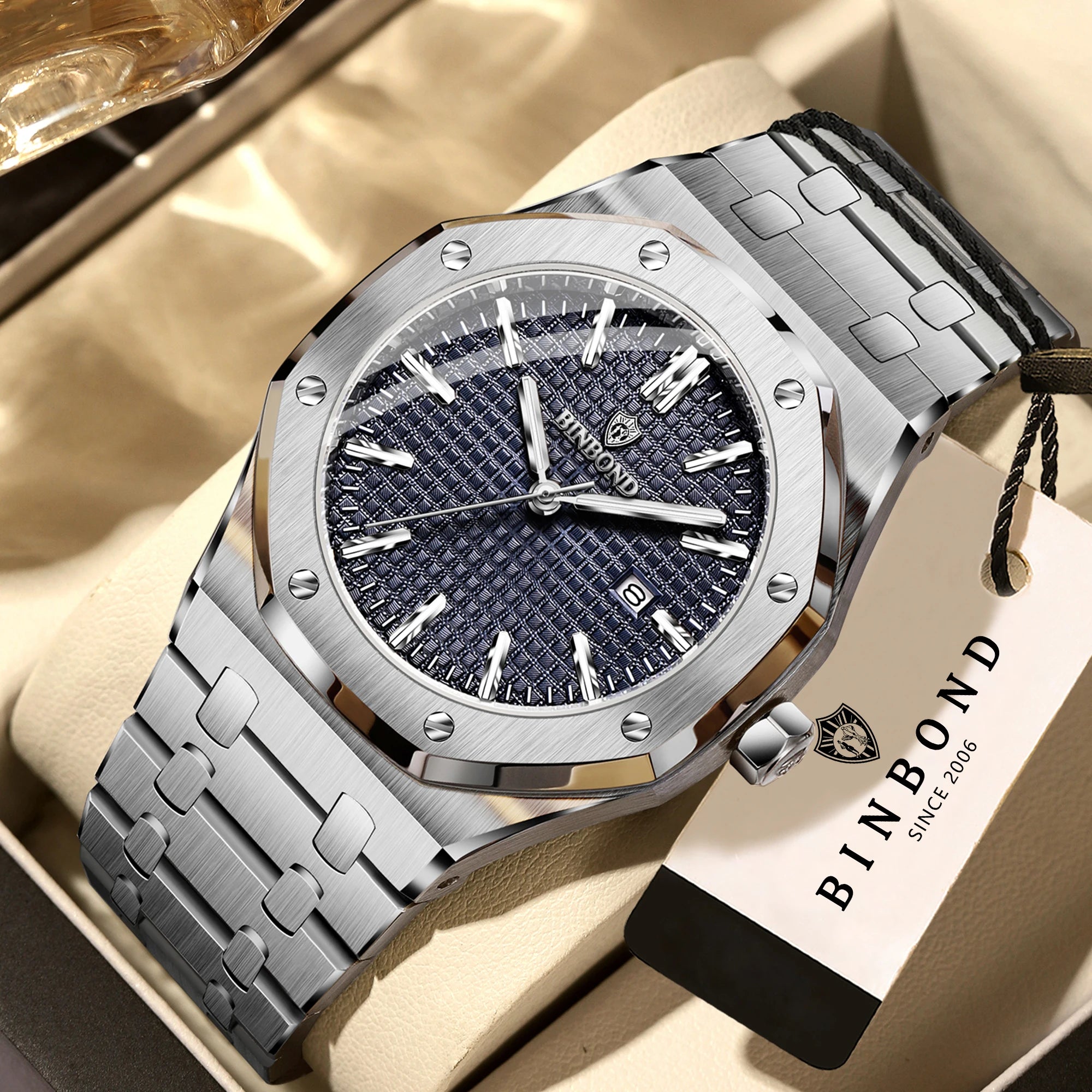 BINBOND Sturdy Stainless Steel Strap Quartz Wristwatches for Men Luxury Luminous Waterproof Auto Date Accurate Men's Watch Reloj