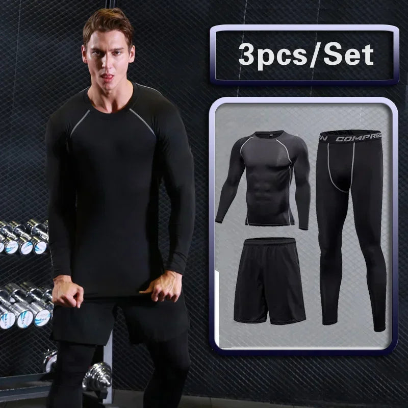 Conjunto de ropa deportiva de compresión Rashguard para hombre, mallas para correr, gimnasio, entrenamiento, camiseta, cortavientos y leggings 