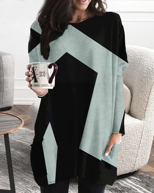 Vestido de patchwork con cuello en V y manga larga para mujer, estilo casual, talla grande, estilo europeo y americano. 