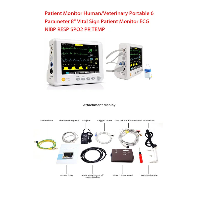 7/ 8/10 inch Screen Newborn adult/Vet use portable 6-parameter patient monitor vital signs monitor ECG/NIBP/PR/SPO2/RESP/TEMP