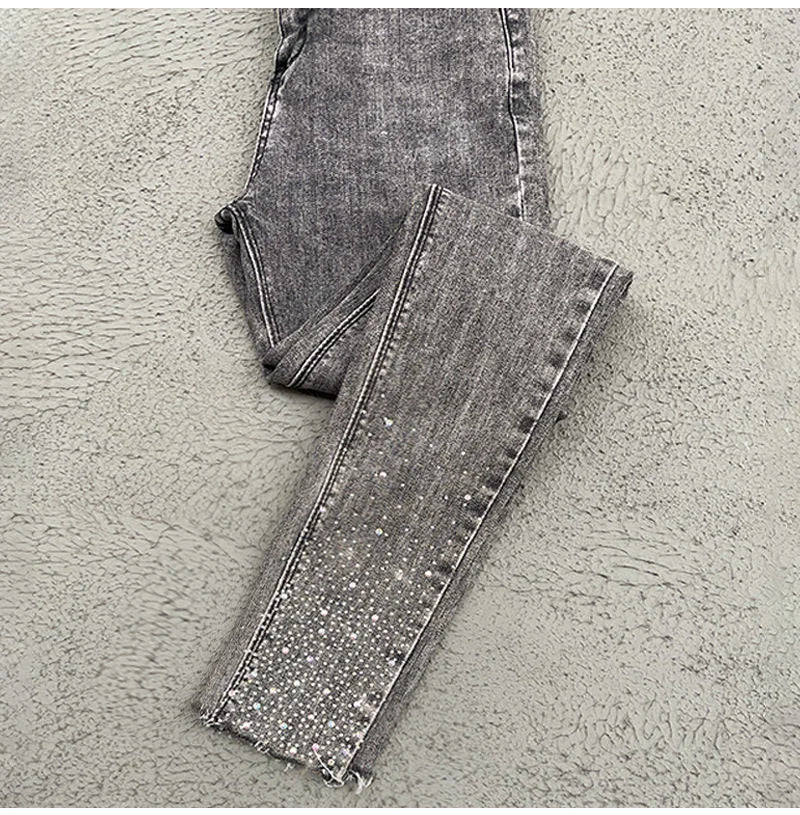 Spring Summer 2024 New Fashion Harem Denim Pants Female Rhinestones Korean Version High Waist Slim Elastic Jeans Pencil Pants
