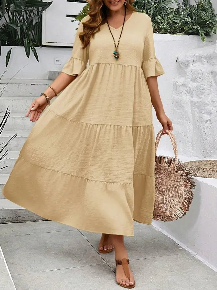 Vestido largo de talla grande, multicolor, con escote en V grande, nuevo, primavera y verano de 2024 