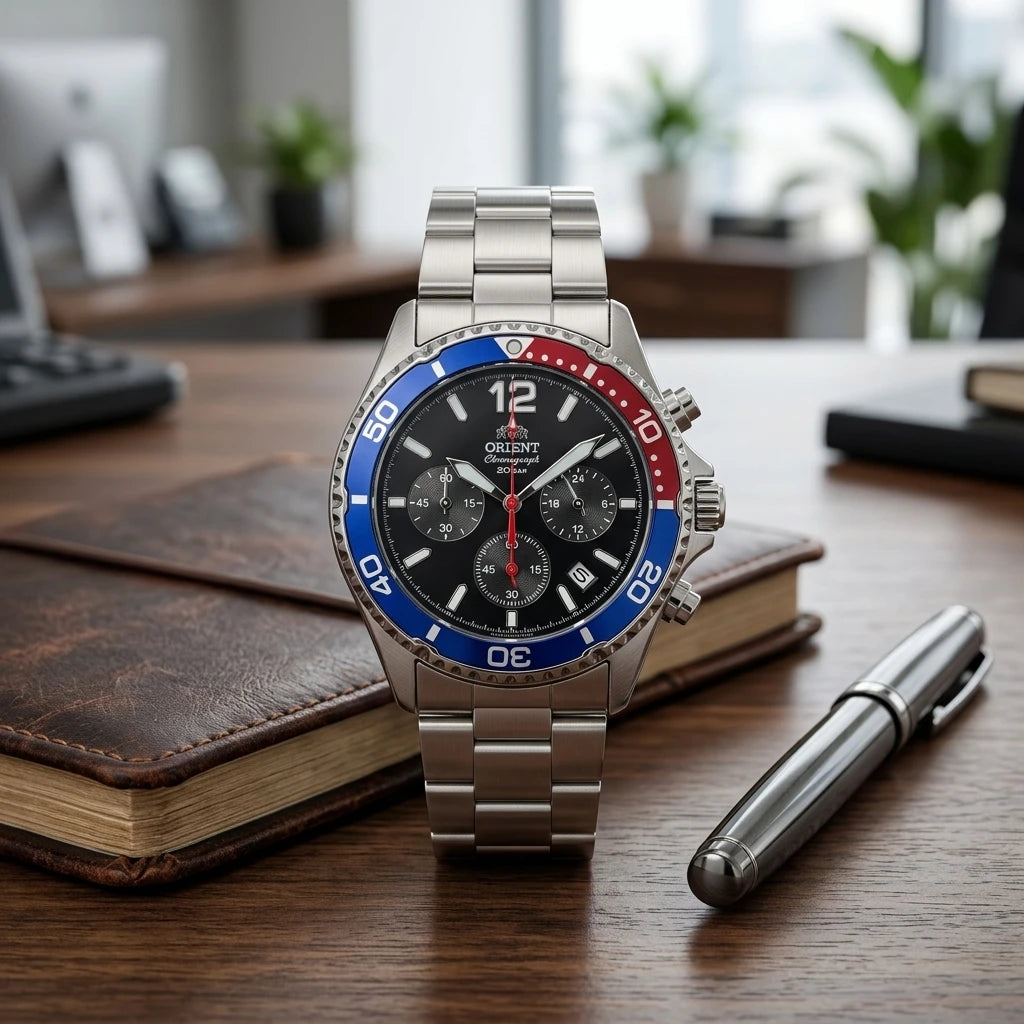 Relógio masculino cronógrafo solar diver em aço inox a prova de agua 200mm
