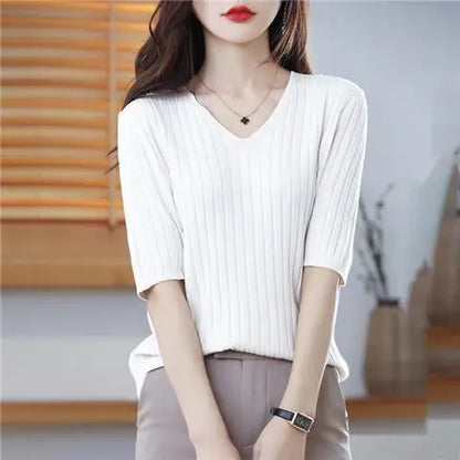 2023 New Spring Summer New Women's V-neck Short-Sleeved Exquisite Cashmere Knitted Sweater Pullover Solid Color