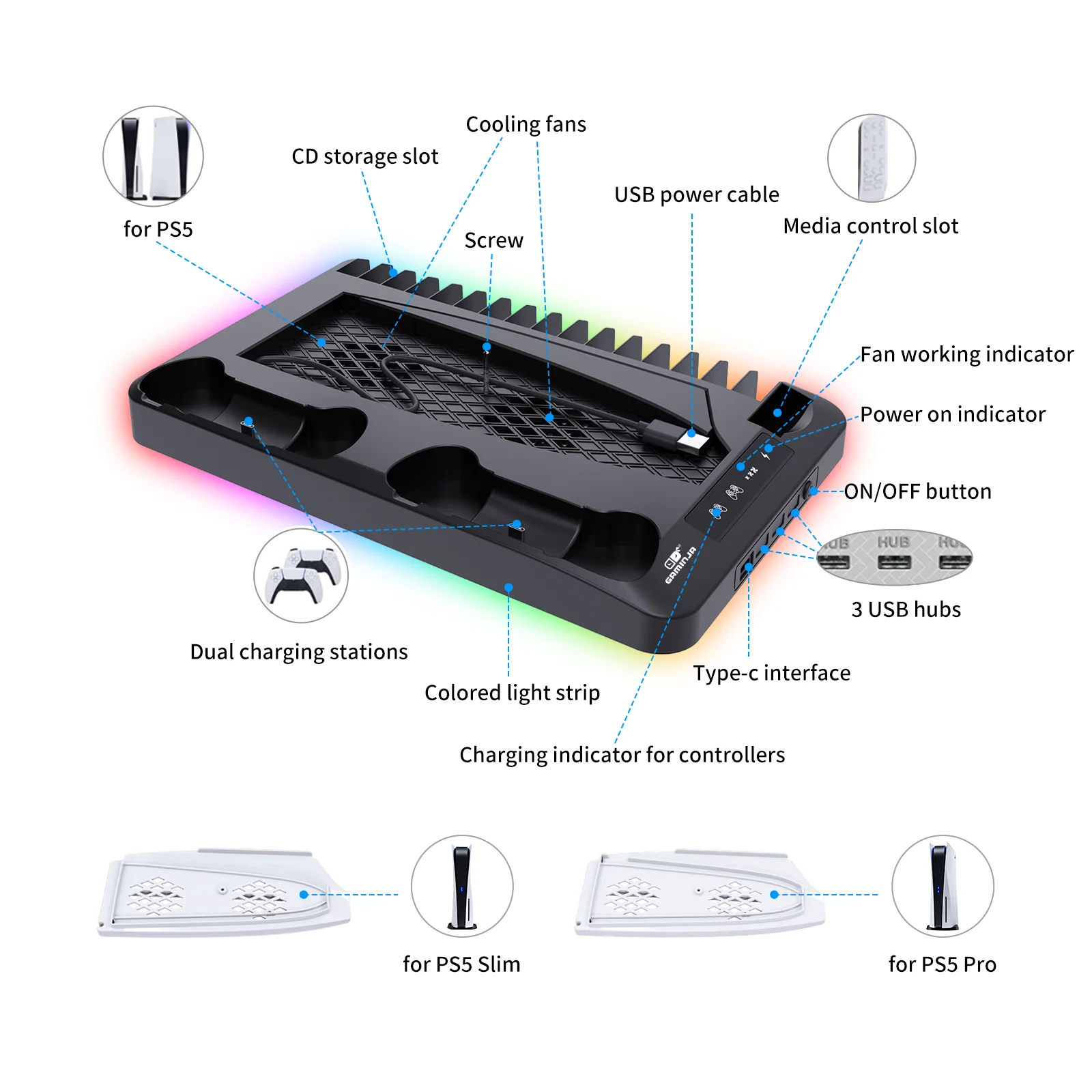 GAMINJA Host Heat Dissipation Base For PS5 With 7 Color Light Effect Headphone Hook Game Disc Storage Rack Handle Charging Stand