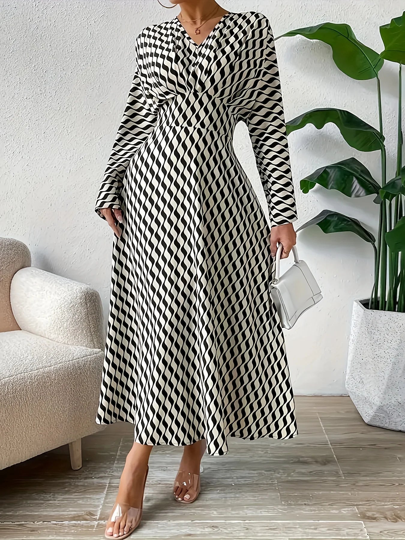 Vestido de talla grande elegante para otoño e invierno, estampado geométrico, cuello en V, manga larga, cintura, temperamento elegante, ropa para personal de oficina