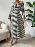 Vestido de talla grande elegante para otoño e invierno, estampado geométrico, cuello en V, manga larga, cintura, temperamento elegante, ropa para personal de oficina