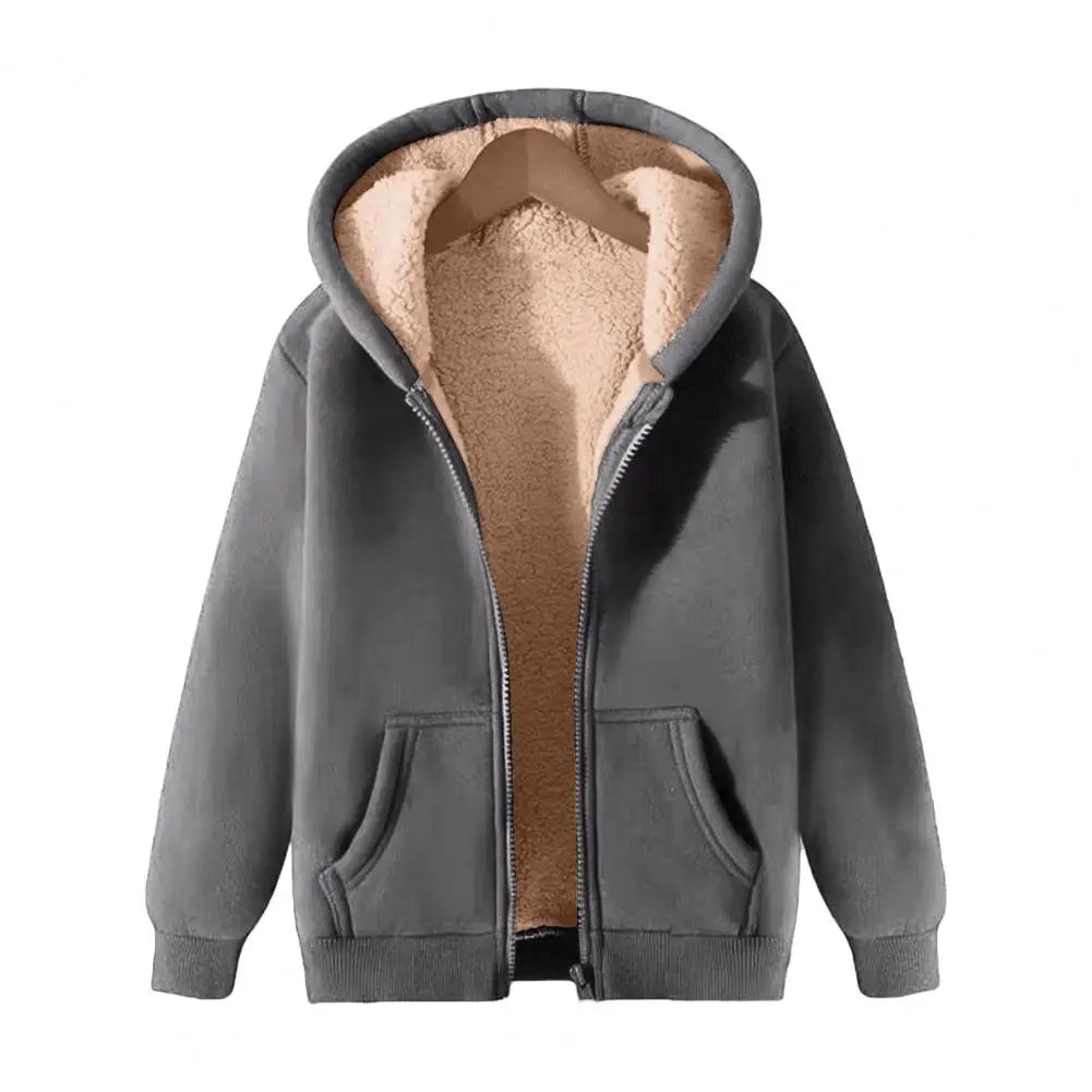 2024 Trendy Sweatshirt Coat Front Pockets Warm Zipper Lamb Wool Jacket Men Woman Winter Pure Color Plush Lined Cardigan Hoodie